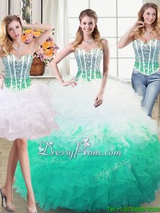 Gorgeous White and Green Ball Gowns Beading and Ruffles Vestidos de Quinceanera Lace Up Organza Sleeveless Floor Length