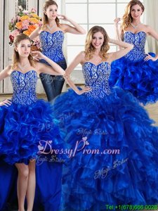 Exceptional Organza Sweetheart Sleeveless Brush Train Lace Up Beading and Ruffles Quinceanera Dresses inRoyal Blue