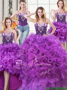 Latest Eggplant Purple Sweetheart Neckline Beading and Ruffles Quinceanera Dresses Sleeveless Lace Up