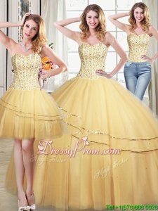 Fashionable Floor Length Gold Quinceanera Gown Tulle Sleeveless Spring and Summer and Fall and Winter Beading and Sequins