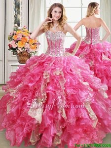 Vintage Hot Pink Organza Lace Up 15 Quinceanera Dress Sleeveless Floor Length Beading and Ruffles and Sequins