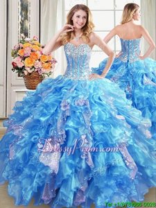 Exquisite Floor Length Lace Up Quinceanera Gowns Baby Blue and In forMilitary Ball and Sweet 16 and Quinceanera withBeading and Ruffles and Sequins
