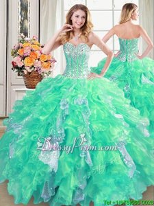 Glamorous Floor Length Lace Up Quinceanera Gown Turquoise and In forMilitary Ball and Sweet 16 and Quinceanera withBeading and Ruffles and Sequins
