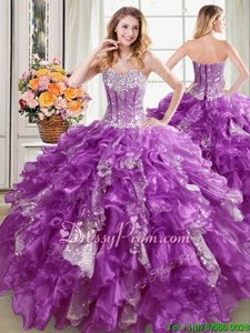 Dramatic Floor Length Purple Ball Gown Prom Dress Sweetheart Sleeveless Lace Up