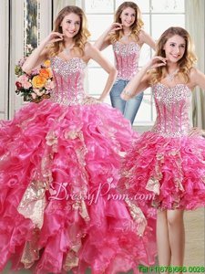 Extravagant Hot Pink Lace Up Vestidos de Quinceanera Beading and Ruffles and Sequins Sleeveless Floor Length