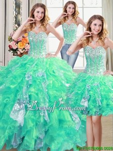 Popular Sweetheart Sleeveless Quince Ball Gowns Floor Length Beading and Ruffles and Sequins Turquoise Organza