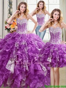 Cute Organza Sweetheart Sleeveless Lace Up Beading and Ruffles and Sequins 15 Quinceanera Dress inPurple