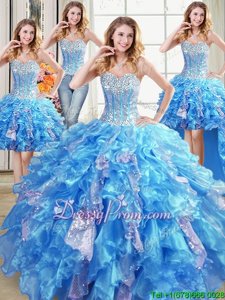 Elegant Baby Blue Ball Gowns Sweetheart Sleeveless Organza Floor Length Lace Up Beading and Ruffles and Sequins Sweet 16 Dress