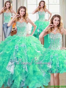 On Sale Turquoise Organza Lace Up 15th Birthday Dress Sleeveless Floor Length Beading and Ruffles and Sequins