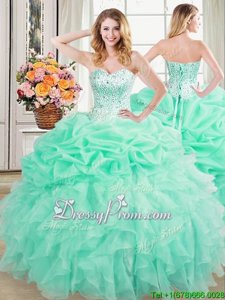 Excellent Sweetheart Sleeveless Quinceanera Dresses Floor Length Beading and Ruffles and Pick Ups Apple Green Organza