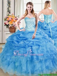 Customized Blue Ball Gowns Organza Sweetheart Sleeveless Beading and Ruffles and Pick Ups Floor Length Lace Up Quinceanera Gowns