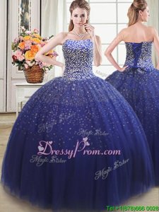 Fashionable Royal Blue Ball Gowns Tulle Sweetheart Sleeveless Beading Floor Length Lace Up Quinceanera Dress