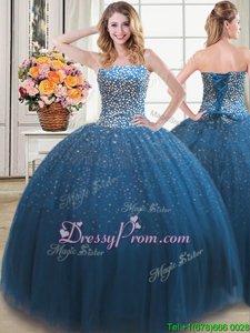 Teal Ball Gowns Beading 15 Quinceanera Dress Lace Up Tulle Sleeveless Floor Length