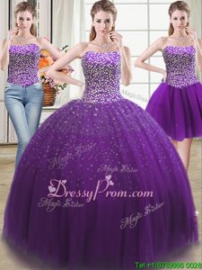 Luxurious Ball Gowns Ball Gown Prom Dress Purple Sweetheart Tulle Sleeveless Floor Length Lace Up