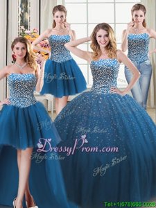 Customized Teal Tulle Lace Up Sweetheart Sleeveless Floor Length 15th Birthday Dress Beading