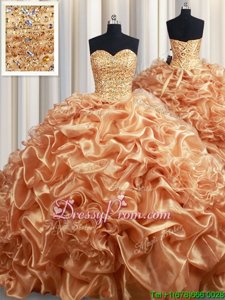 Nice Champagne Sweetheart Neckline Beading and Ruffles and Pick Ups Sweet 16 Quinceanera Dress Sleeveless Lace Up