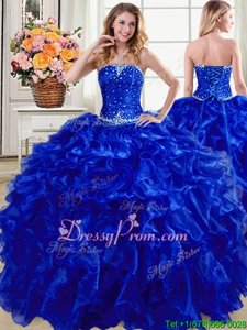 Sweet Ball Gowns Quinceanera Dress Royal Blue Strapless Organza Sleeveless Floor Length Lace Up