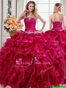 Glittering Fuchsia Lace Up Strapless Beading and Ruffles Quince Ball Gowns Organza Sleeveless