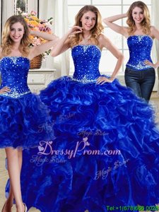 Sleeveless Organza Floor Length Lace Up Quinceanera Gowns inRoyal Blue forSpring and Summer and Fall and Winter withBeading and Ruffles