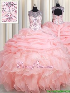 Organza Scoop Sleeveless Lace Up Beading and Ruffles and Pick Ups Quinceanera Gowns inBaby Pink