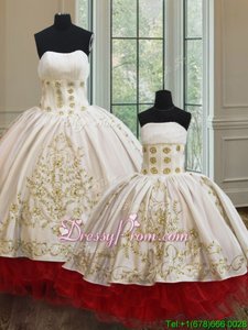 Delicate Embroidery and Ruffled Layers Quinceanera Dress White and Red Lace Up Sleeveless Floor Length