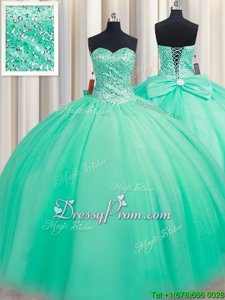 Cheap Sweetheart Sleeveless Sweet 16 Dress Floor Length Beading and Bowknot Turquoise Tulle