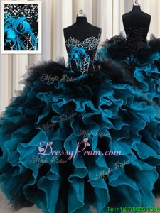 Hot Sale Black and Blue Sweetheart Neckline Beading and Ruffles and Hand Made Flower Vestidos de Quinceanera Sleeveless Lace Up