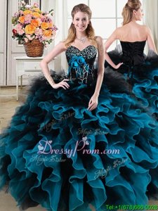 Enchanting Black and Blue Ball Gowns Sweetheart Sleeveless Organza and Tulle Floor Length Lace Up Beading and Ruffles and Hand Made Flower Quinceanera Gowns