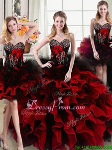 Cute Black and Red Sweetheart Lace Up Beading and Ruffles and Hand Made Flower Sweet 16 Dress Sleeveless