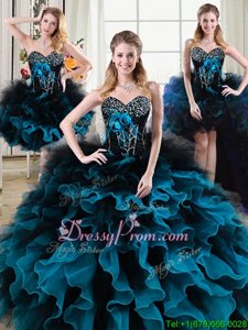 Perfect Black and Blue Sweetheart Lace Up Beading and Ruffles and Hand Made Flower Quinceanera Dresses Sleeveless