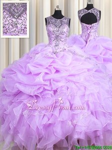 Glorious Lavender Sleeveless Floor Length Beading and Ruffles and Pick Ups Lace Up 15th Birthday Dress