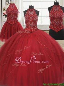 Red Tulle Lace Up Halter Top Sleeveless With Train Quinceanera Dress Court Train Beading