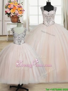 Pretty Pink Ball Gowns Tulle Straps Sleeveless Beading Floor Length Zipper Quinceanera Dresses