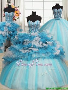Most Popular Floor Length Lace Up 15 Quinceanera Dress Blue And White and In forMilitary Ball and Sweet 16 and Quinceanera withBeading and Ruffles