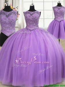 Lilac 15 Quinceanera Dress Military Ball and Sweet 16 and Quinceanera and For withBeading and Appliques Scoop Sleeveless Lace Up