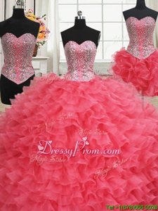 Discount Organza Sweetheart Sleeveless Lace Up Beading and Ruffles Quinceanera Gown inCoral Red
