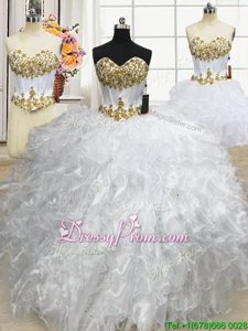 Sweetheart Sleeveless Quince Ball Gowns Floor Length Beading and Ruffled Layers White Organza