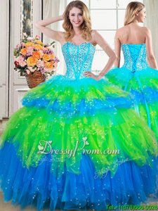 Free and Easy Spring and Summer and Fall and Winter Tulle Sleeveless Floor Length 15 Quinceanera Dress andBeading and Ruffled Layers