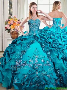 Ideal Teal Ball Gowns Sweetheart Sleeveless Organza and Taffeta Floor Length Lace Up Beading and Embroidery and Pick Ups Quinceanera Gown