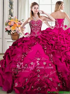 Flirting Sweetheart Sleeveless Quinceanera Dress Floor Length Beading and Embroidery and Pick Ups Fuchsia Organza and Taffeta