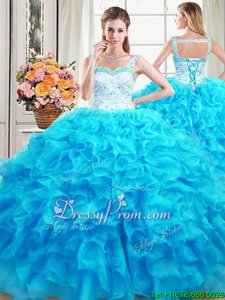 Artistic Baby Blue Lace Up Straps Beading and Ruffles Sweet 16 Dress Organza Sleeveless