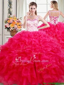 Wonderful Hot Pink Organza Lace Up 15 Quinceanera Dress Sleeveless Floor Length Beading and Ruffles