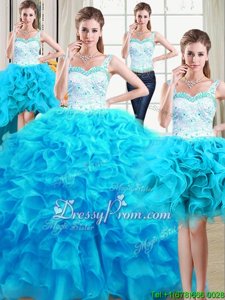 Low Price Baby Blue Organza Lace Up Straps Sleeveless Floor Length Sweet 16 Dress Beading and Ruffles