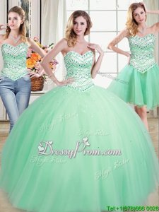 Elegant Apple Green Tulle Lace Up 15 Quinceanera Dress Sleeveless Floor Length Beading