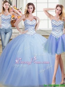 Suitable Sleeveless Floor Length Beading Lace Up Quince Ball Gowns with Light Blue