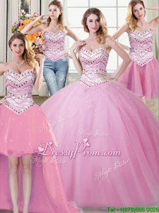 Fitting Rose Pink Tulle Lace Up Sweetheart Sleeveless Floor Length Quinceanera Dress Beading