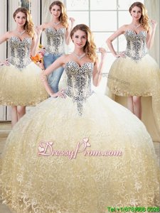 Cheap Sweetheart Sleeveless Quinceanera Gown Floor Length Beading and Lace Champagne Tulle and Lace