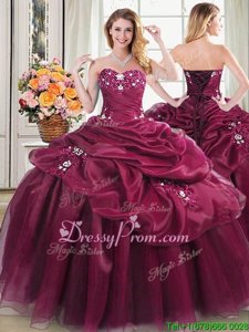 Best Floor Length Burgundy Quinceanera Gown Organza Sleeveless Spring and Summer and Fall and Winter Appliques and Pick Ups