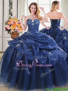 New Style Sleeveless Floor Length Beading and Pick Ups Lace Up Quinceanera Dresses with Navy Blue