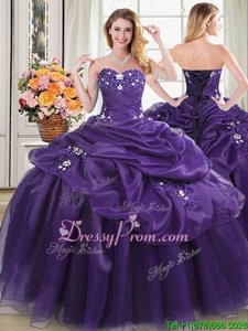 Unique Sweetheart Sleeveless Organza Quinceanera Gown Appliques and Pick Ups Lace Up